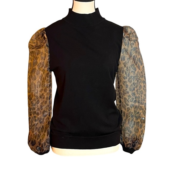 SIONI Sheer Leopard Print Puff Long Sleeve Black Mock Neck Sweater Size M - Picture 1 of 5